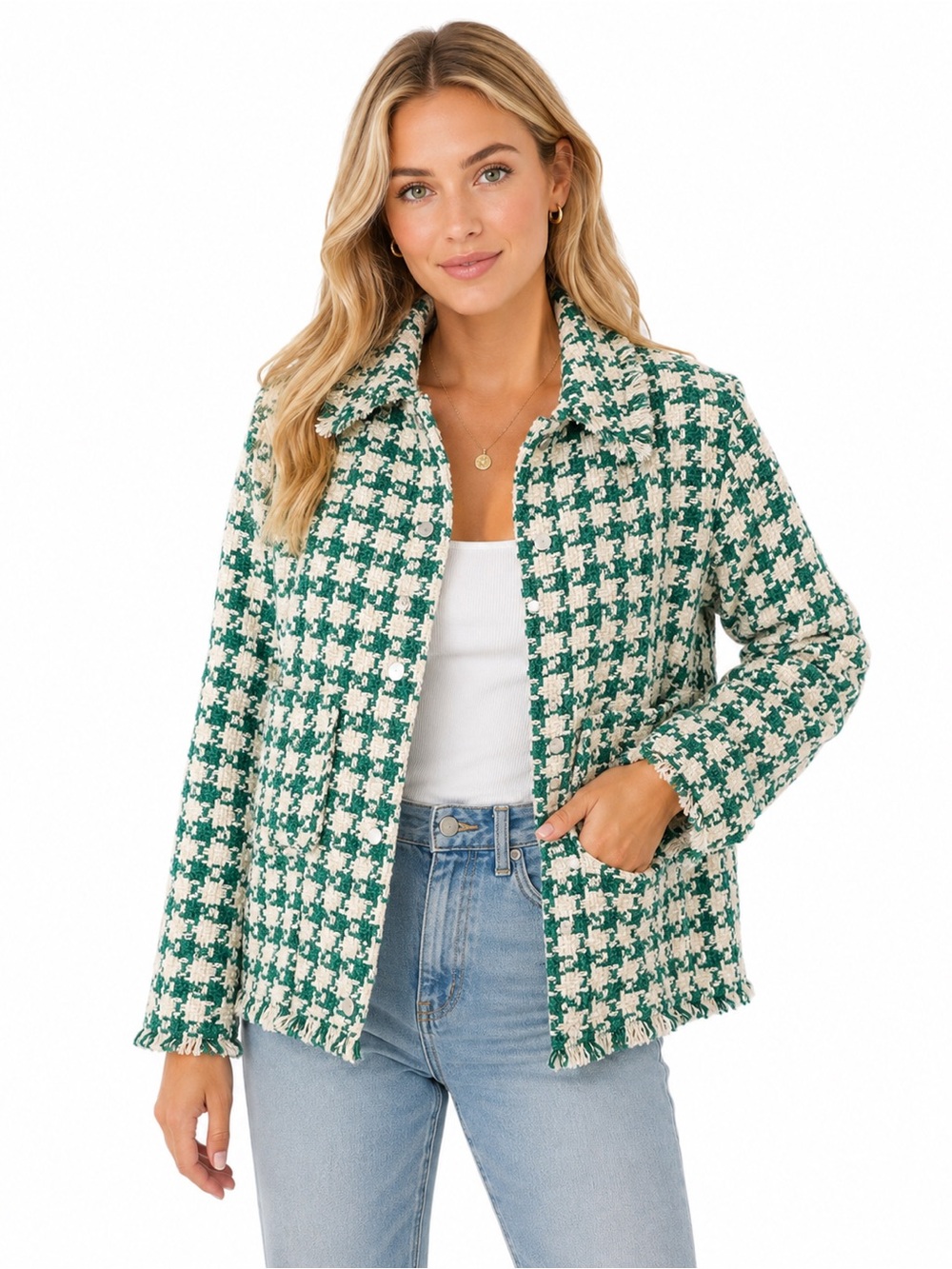 Zara Green White Tweed Fringe Shacket Jacket XS Textured Bouclé preppy